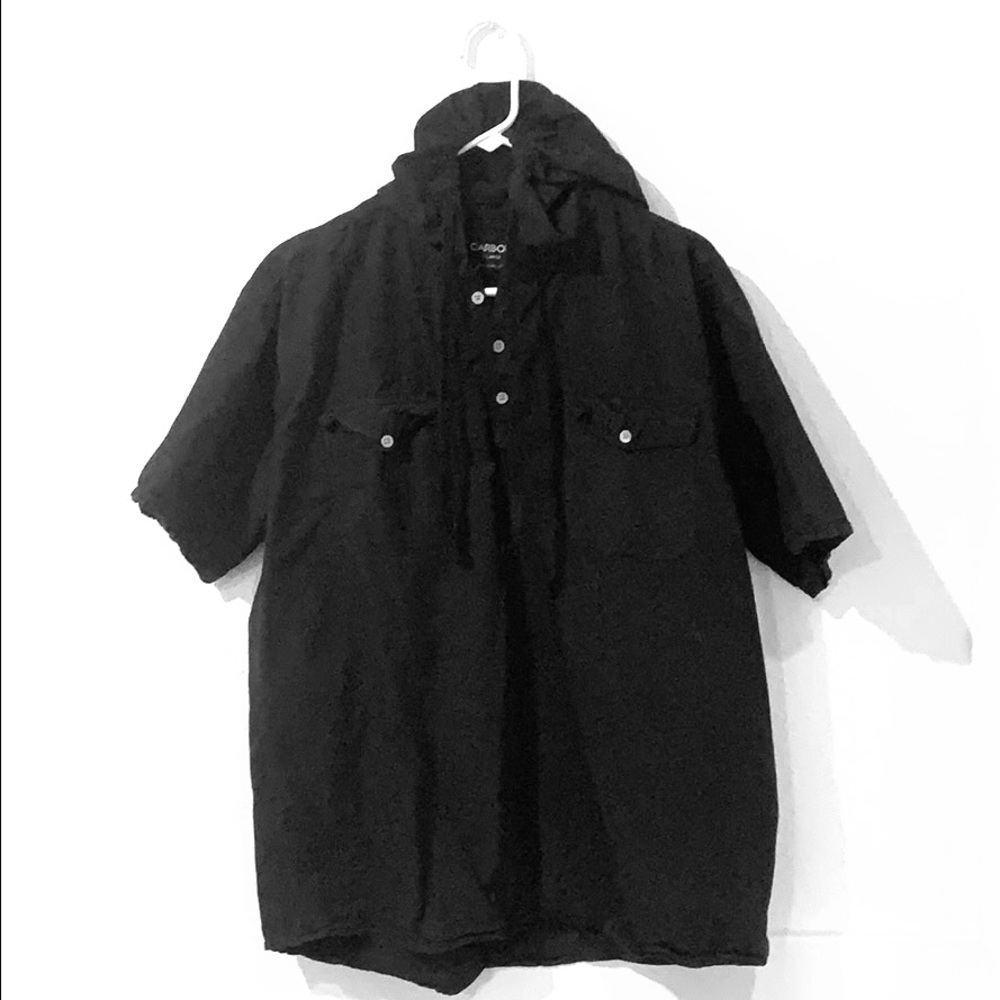 Black mid-button down hooded shirt.